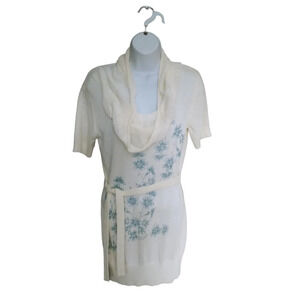 Le Grenier Knit Retro  Sweater Dress With Cowl Neck and Belt Cream/Blue M